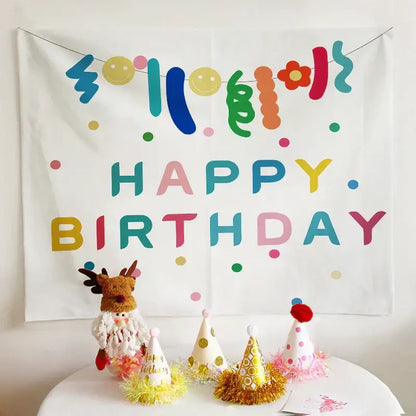 Colorful cartoon animal birthday wall tapestry with happy birthday party banner for decorbites birthday wall decor