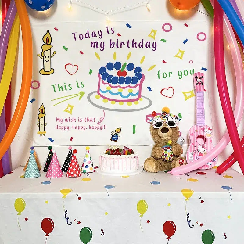 A colorful cartoon animal birthday wall tapestry featuring a plush brown teddy bear with party accessories