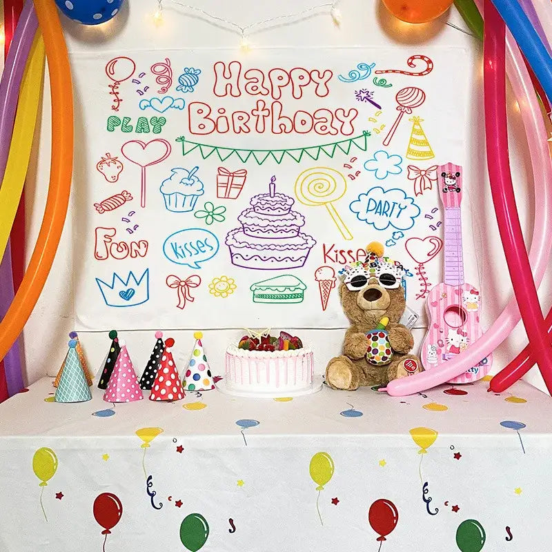 A colorful cartoon animal birthday wall tapestry featuring a plush brown teddy bear with party accessories beside a pink hello kitty guitar for decorbites birthday wall decor