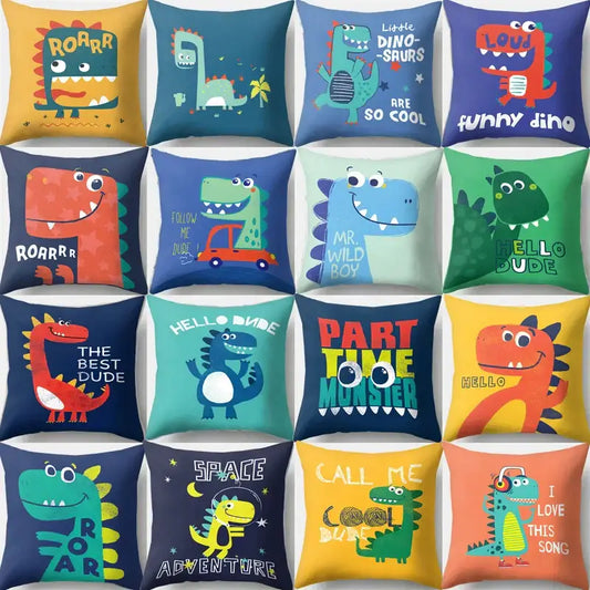 Colorful cartoon dino baby pillowcase collection by decorbites featuring playful dinosaur-themed bedroom cushion covers