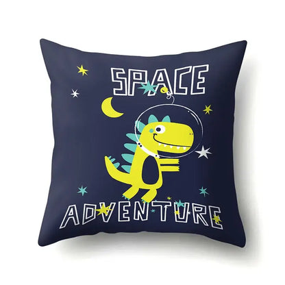 Navy blue decorbites dino baby pillowcase featuring yellow dinosaur in space helmet with space adventure text