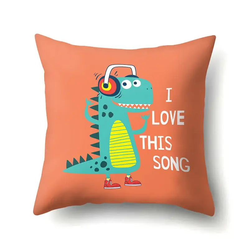 Orange decorbites dino baby pillowcase featuring cartoon dinosaur with headphones and i love this song text for bedroom decor