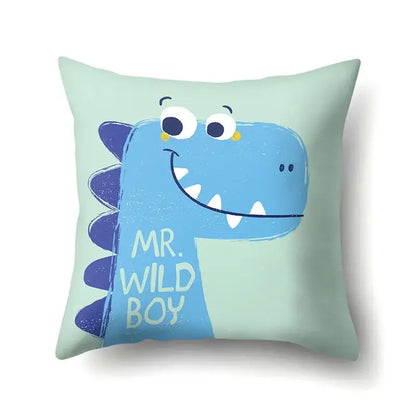 A soft mint green dino baby pillowcase by decorbites featuring a cheerful blue cartoon dinosaur with purple spines