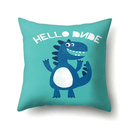 Teal colorful cartoon dino baby pillowcase with blue dinosaur and hello dino text for decorbites dino baby decor