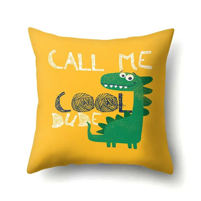 Yellow dino baby pillowcase with green cartoon dinosaur and call me cool dude text for decorbites dino baby decor