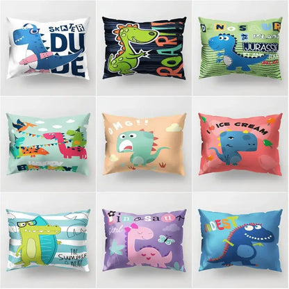 Colorful cartoon dinosaur pillowcases made of soft fabric featuring vibrant playful designs for kids bedroom decor