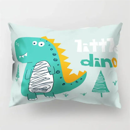 A mint green cartoon dinosaur pillowcase with teal and yellow accents and playful little dino lettering for kids decorbites cartoon dinosaur decor