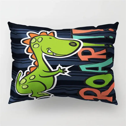 Colorful decorbites cartoon dinosaur pillowcase with vibrant green dinosaur and bold roar lettering for kids bedroom decor