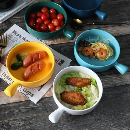Yellow ceramic single handle bowl by decorbites filled with sausages and broccoli for dining tableware use