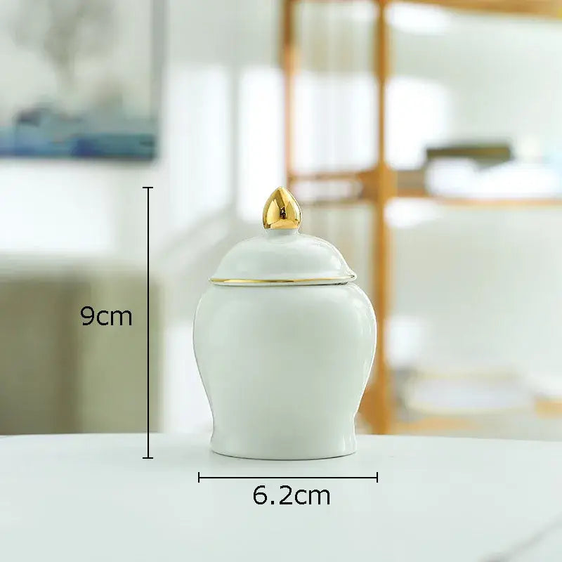 A sleek white ceramic storage jar with a gold-trimmed lid and teardrop finial for kitchen tea caddy use