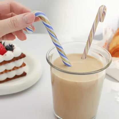 Blue and gold striped candy cane long handle glass stirring stick for decorbites colorful christmas kitchen use