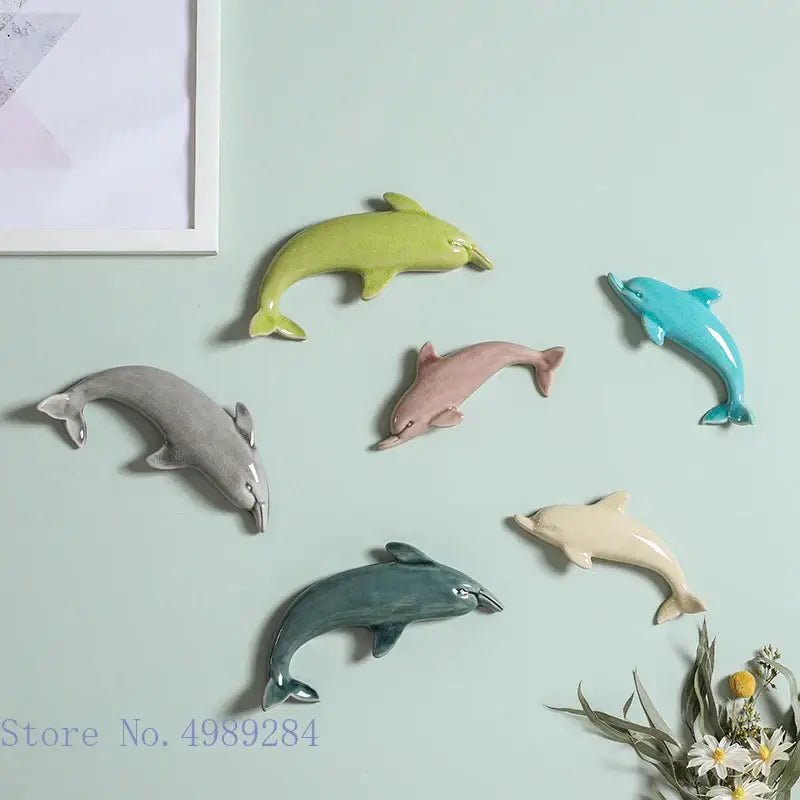 Set of six colorful pastel ceramic dolphin fish wall decoration pieces perfect for children’s room decorbites dolphin fish ocean