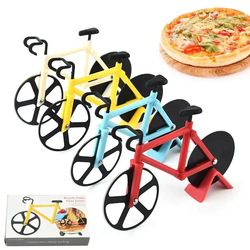 Set of four colorful double wheel bicycle pizza cutters in cream yellow light blue and red plastic with black wheels