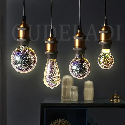 Four hanging vintage edison table lamp bulbs with brass bases and colorful fireworks 3d glass sphere decorbites light