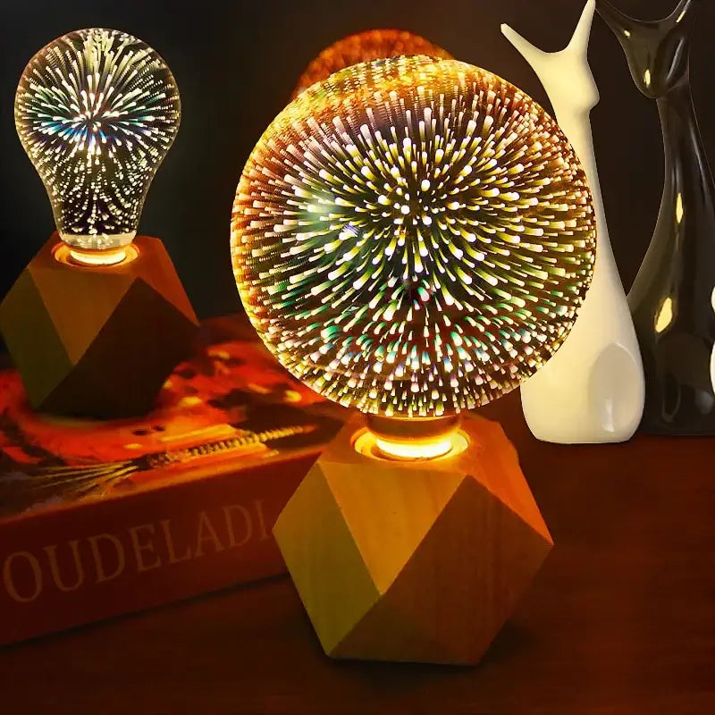 Colorful fireworks 3d glass sphere table lamp with vibrant multicolored starburst on geometric wooden base decorbites