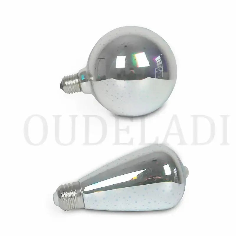 Two decorative led table lamp bulbs with reflective metallic finish and speckled glass for decorbites colorful fireworks