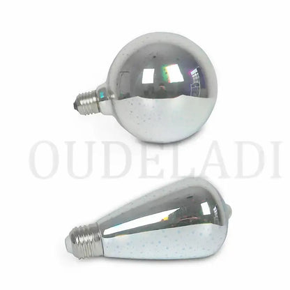 Two decorative led table lamp bulbs with reflective metallic finish and speckled glass for decorbites colorful fireworks