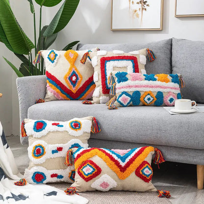 Colorful decorbites geometric tassel pillowcase with hand-embroidered patterns in red blue yellow orange pink and white