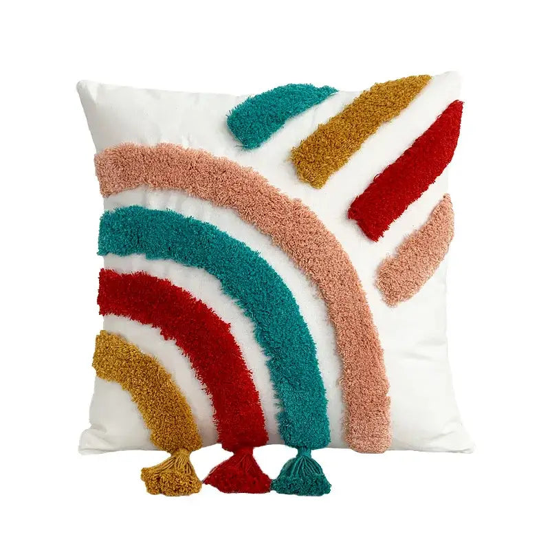 Colorful geometric tassel pillowcase with decorbites geometric hand-embroidered rainbow design in red teal gold and peach tones
