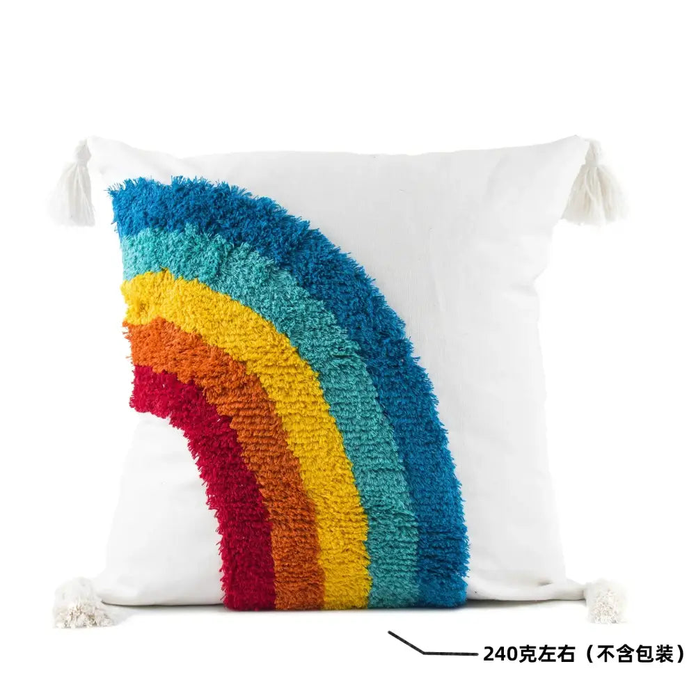 White cushion with colorful geometric tassel pillowcase featuring rainbow yarn design and tassels for decorbites hand-embroidered decor