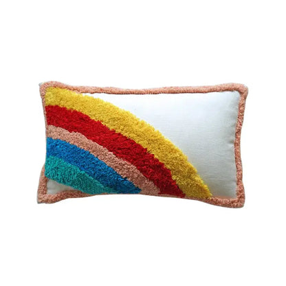 Rectangular decorbites geometric hand-embroidered tassel pillowcase with multicolored rainbow design and peach fringe