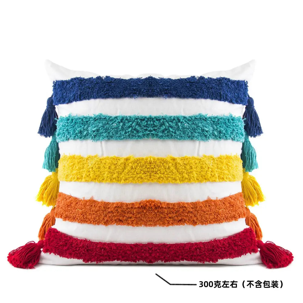 Colorful decorbites geometric tassel pillowcase with hand-embroidered fluffy horizontal bands and matching tassels