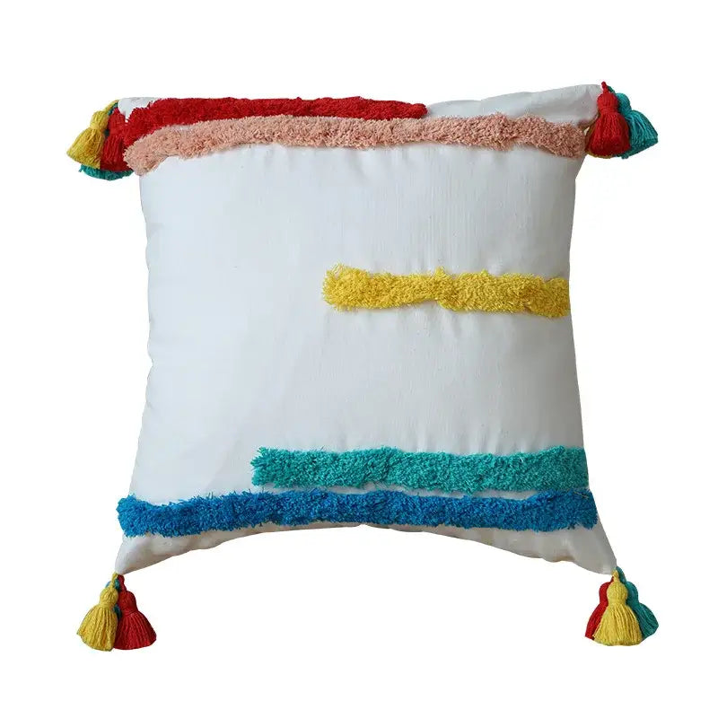 White decorative tassel pillowcase with colorful geometric hand-embroidered yarn bands for decorbites decorbites geometric