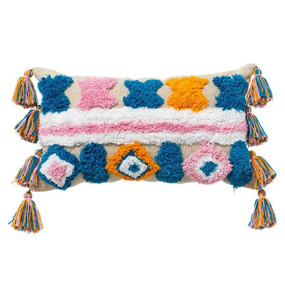 Colorful decorbites geometric tassel pillowcase with blue pink orange hand-embroidered yarn and multicolored tassels for decor