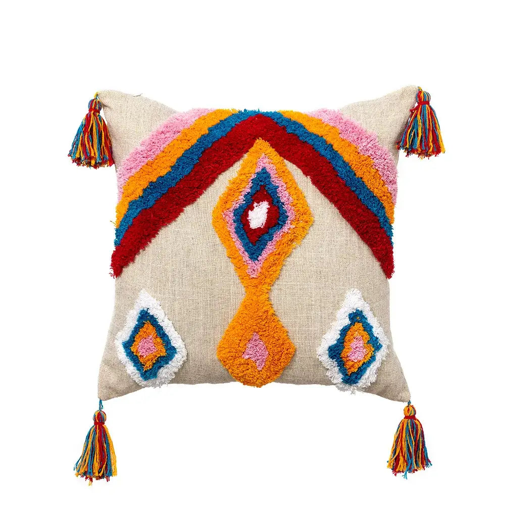 Beige decorbites geometric tassel pillowcase with colorful textured patterns and multicolored hand-embroidered tassels