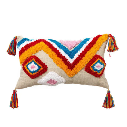 Beige rectangular decorbites geometric tassel pillowcase with colorful hand embroidered yarn patterns and multicolored tassels
