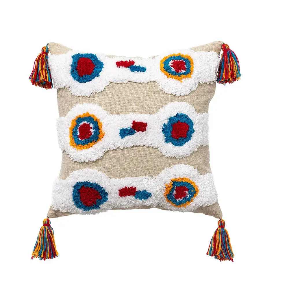 Beige decorbites geometric hand-embroidered tassel pillowcase with colorful embroidered circles and multicolored tassels