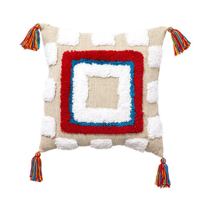 Beige decorbites geometric hand-embroidered tassel pillowcase with central red white and blue square tufted design and colorful tassels