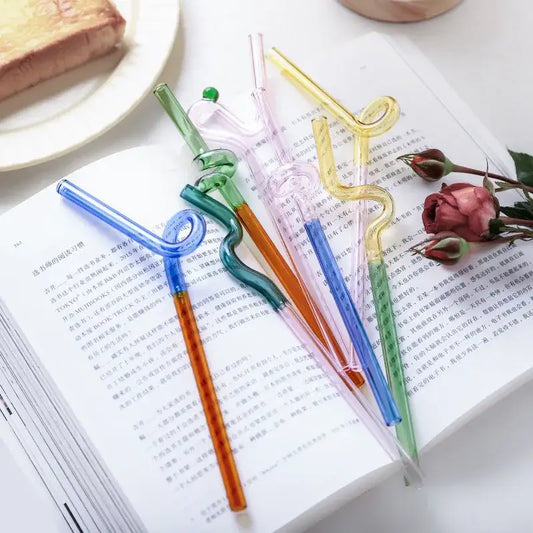 Colorful glass flower handle stir bar and cocktail straw with transparent twisted glass and small green caps