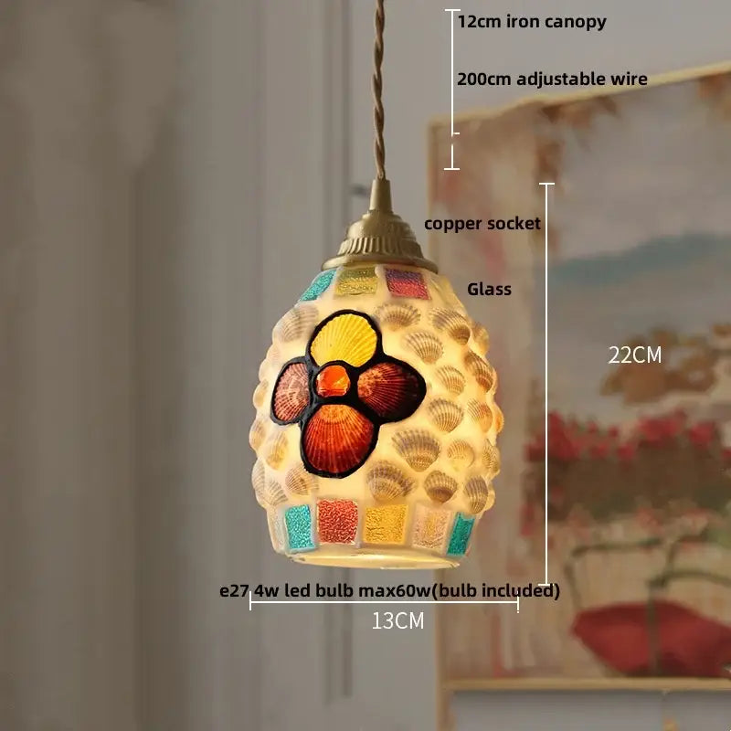 Colorful glass shell led pendant lamp featuring mosaic seashell and floral design suspended by adjustable wire decorbites colorful glass