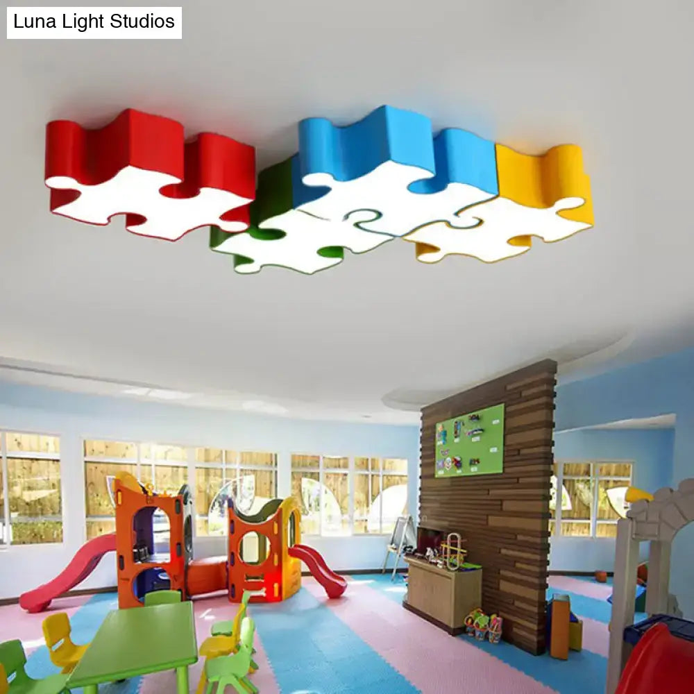 Decorbites™ kids style jigsaw puzzles ceiling flush light in red yellow acrylic with colorful three-dimensional puzzle pieces