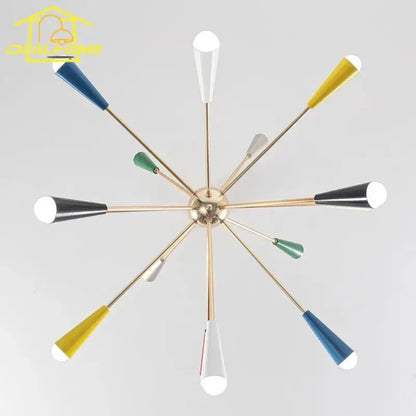 A colorful led molecular chandelier with a brass starburst fixture and conical shades for living room decorbites colorful led