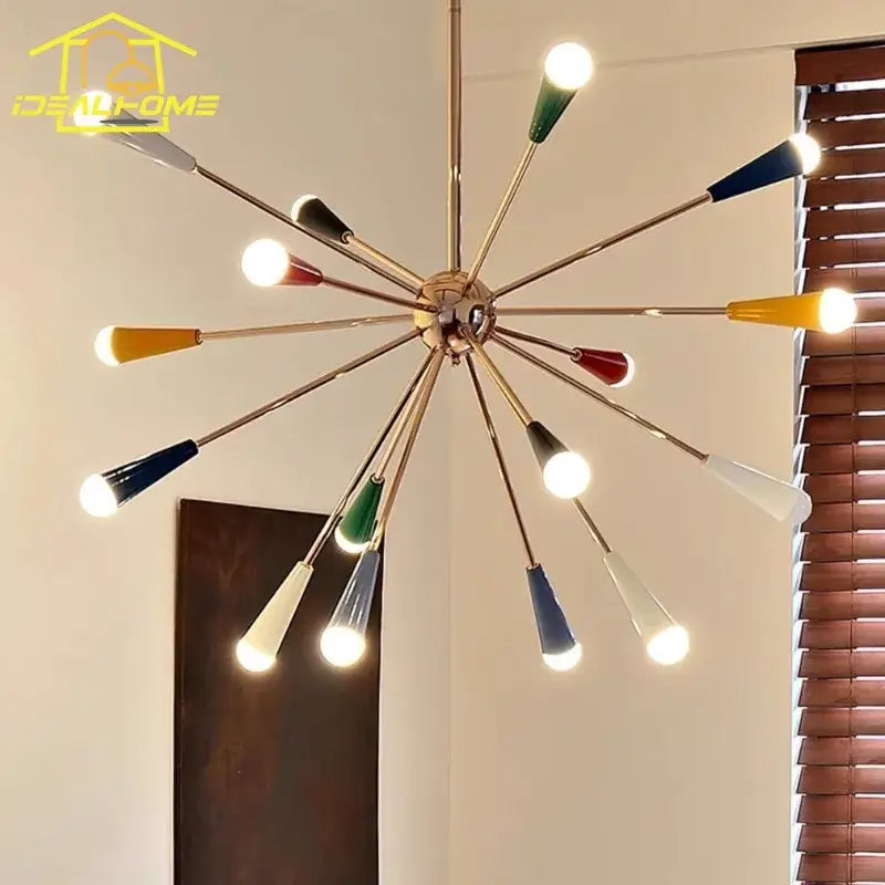 A colorful led molecular chandelier featuring a brass hub and chrome arms with vibrant glass shades for living room decorbites colorful led lighting