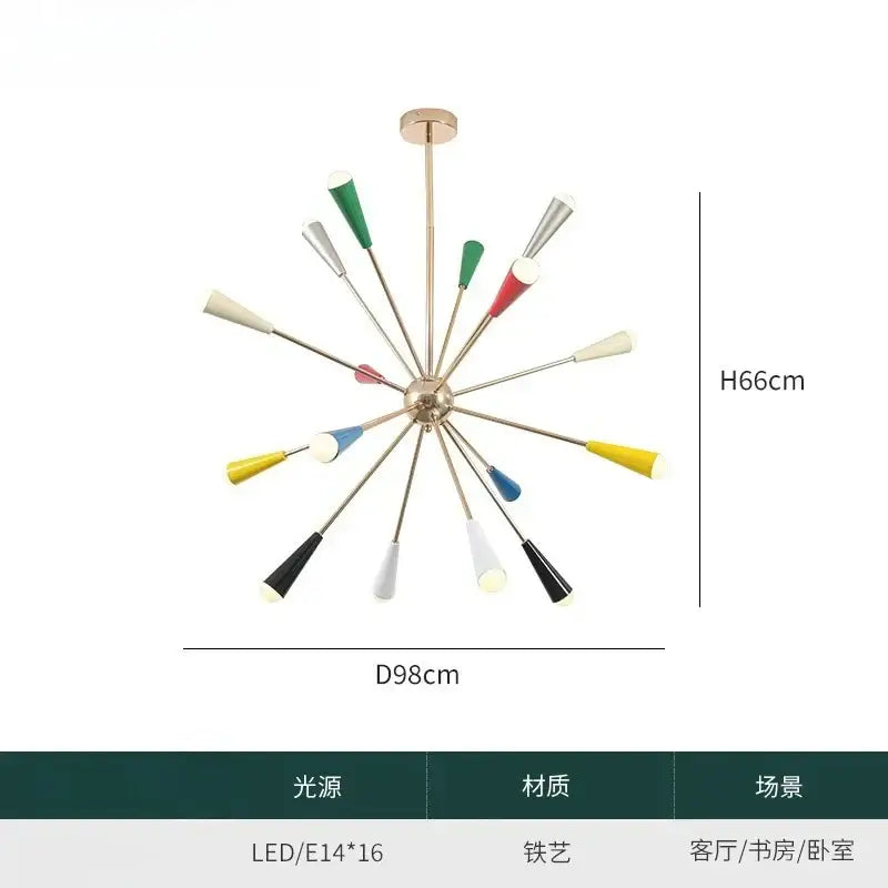 A colorful led molecular chandelier featuring a brass hub and slender arms for modern living room decorbites lighting