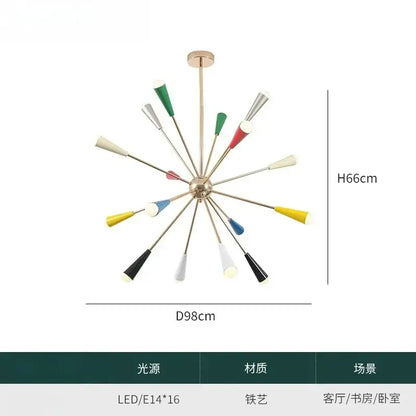 A colorful led molecular chandelier featuring a brass hub and slender arms for modern living room decorbites lighting