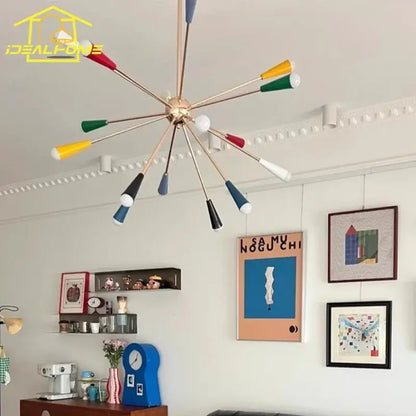 A colorful led molecular chandelier with a brass hub and multicolored conical shades for living room decorbites colorful led