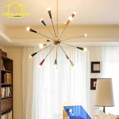 A modern starburst decorbites colorful led molecular chandelier with brass fixture and multicolor tapered glass shades for living room