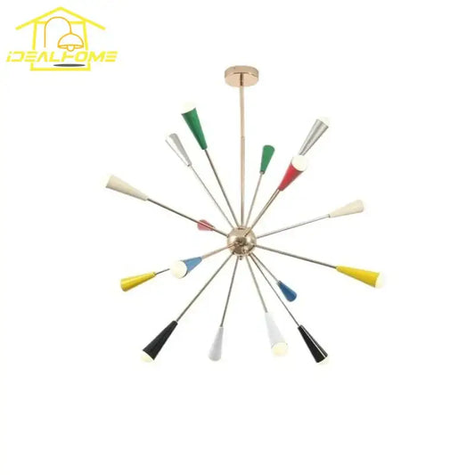 A vibrant colorful led molecular chandelier with brass fixture and multi-colored conical shades for living room decorbites colorful led