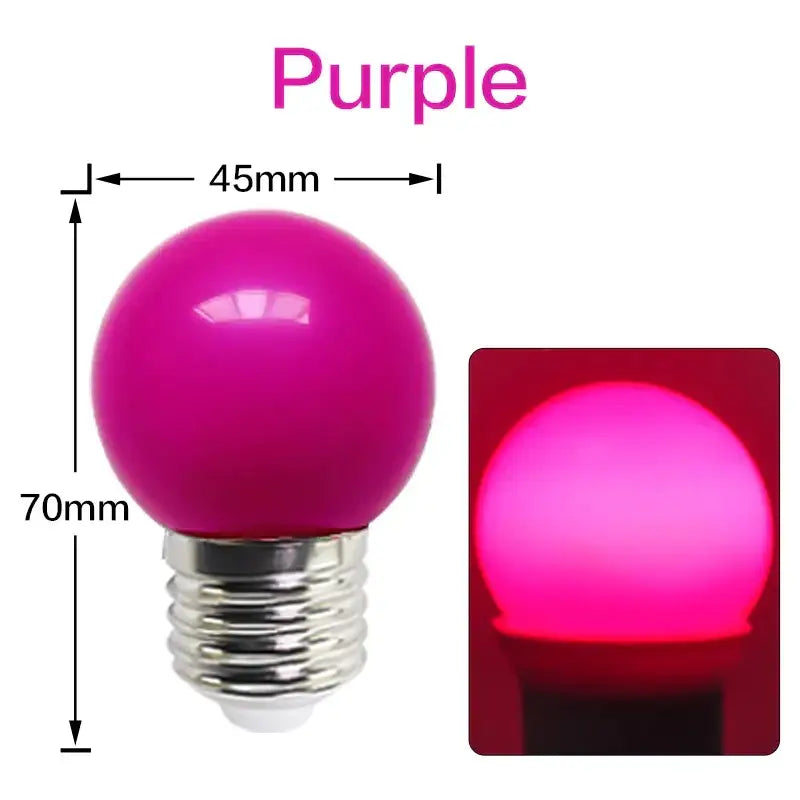 A vibrant purple spherical led light bulb with metallic screw base from decorbites colorful led string light 10 pack