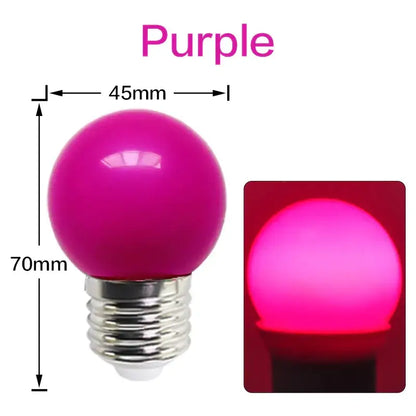 A vibrant purple spherical led light bulb with metallic screw base from decorbites colorful led string light 10 pack
