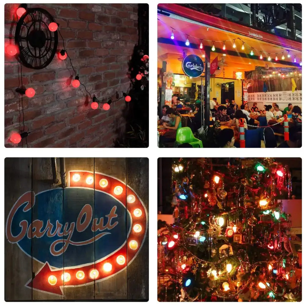 Collage showing decorbites colorful led string light 10 pack with shatterproof globe bulbs for bedroom decor