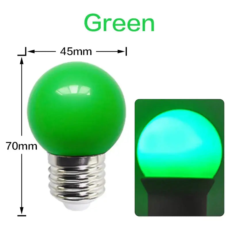 A vibrant green spherical decorbites colorful led string light bulb with metallic screw base for indoor decor