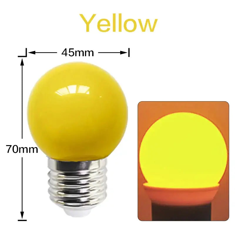 A vibrant yellow glossy globe led light bulb with a standard screw base from decorbites colorful led string light pack