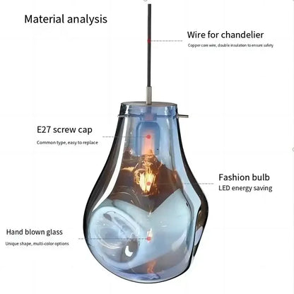 Translucent blue hand-blown glass pendant light with e27 screw cap and led bulb for colorful modern glass chandelier decorbites