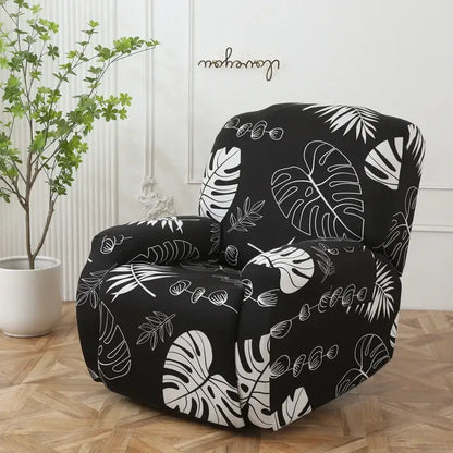 Black stretchy sofa cover with bold white tropical leaf pattern for elastic recliner sofa protection
