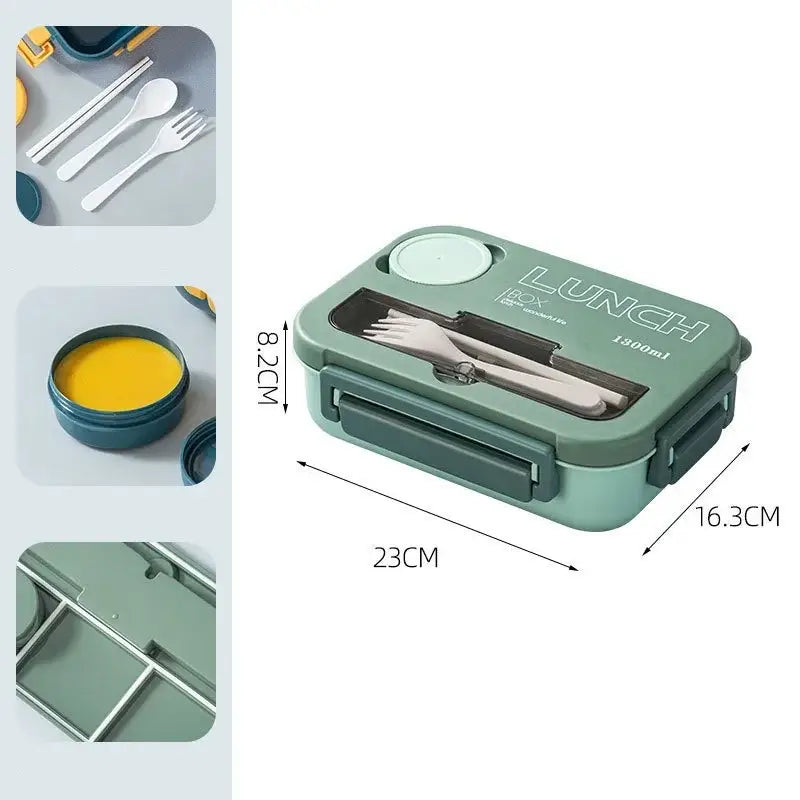 A sleek matte sage green plastic lunch box with transparent lid and built-in utensil compartment in box set